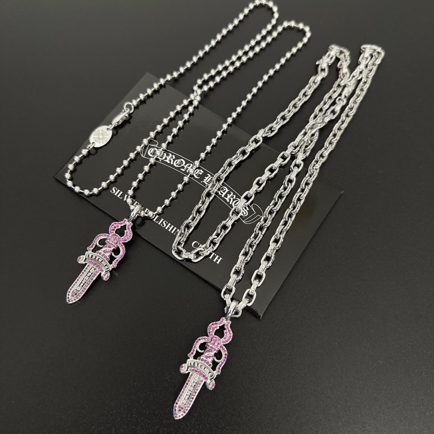 Chrome Hearts Silver Sword Pendant Necklace with Pink Stones